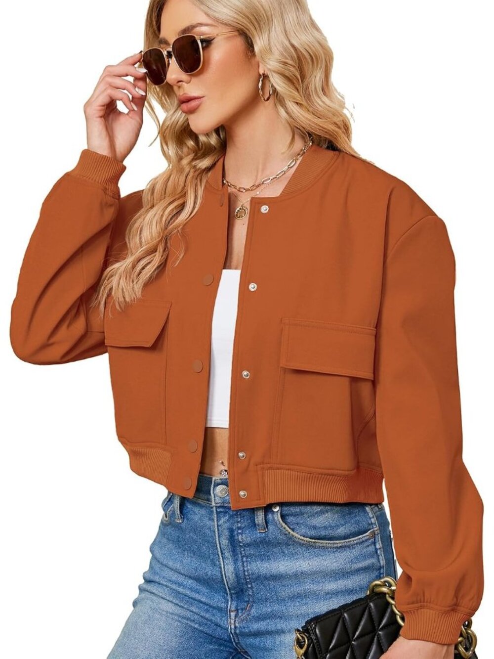 Womens Brick Red Structured Fit Flap Chest Pockets Cropped Varsity Bomber Jacket